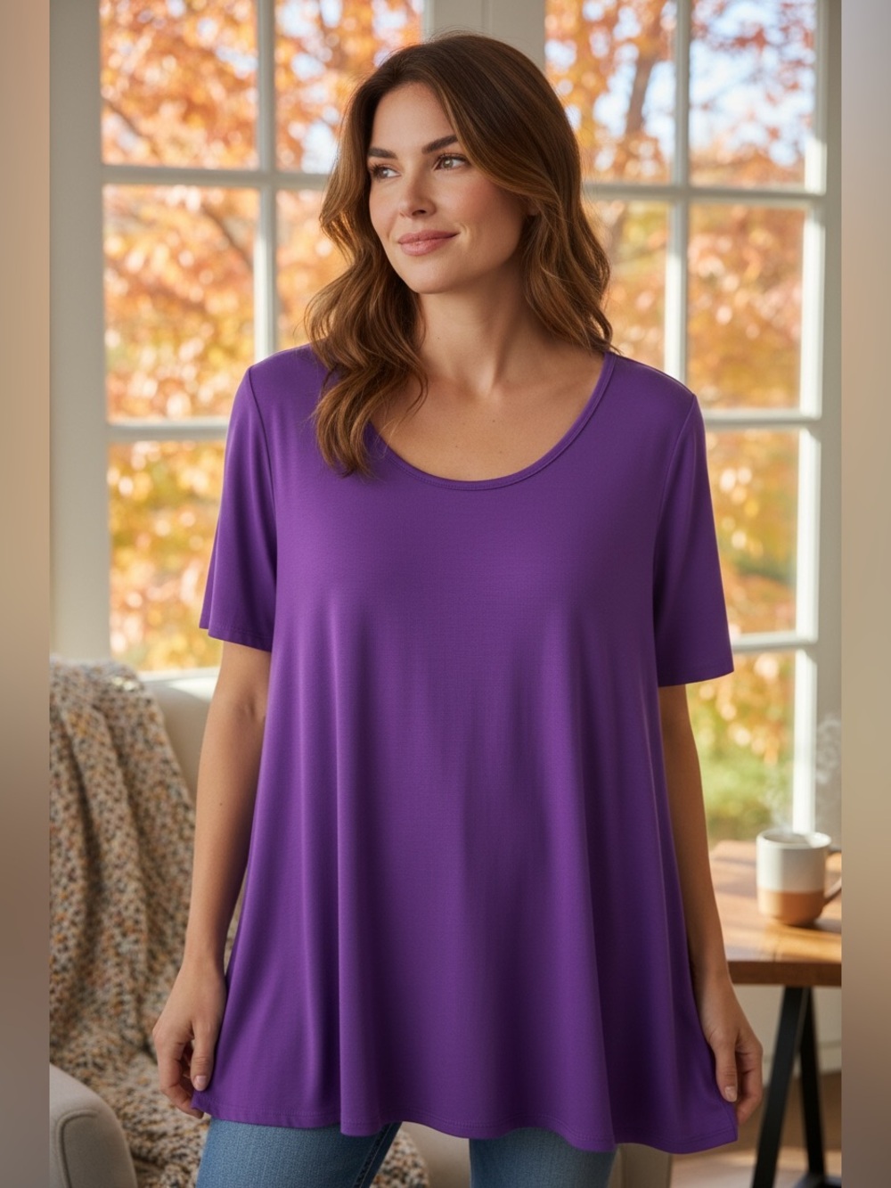 Relaxed Scoop Neck Tunic Top in Vibrant Purple
